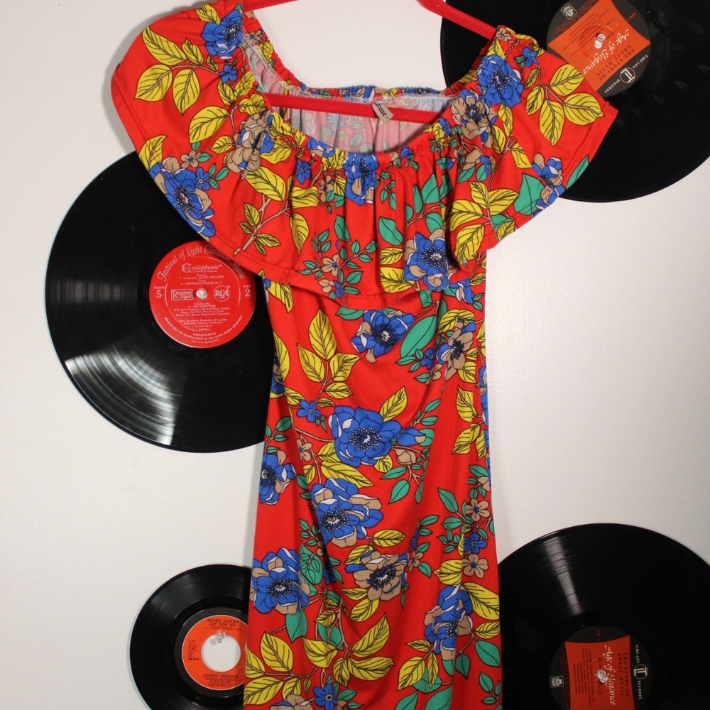Red Floral Dress with Blue and Yellow Details